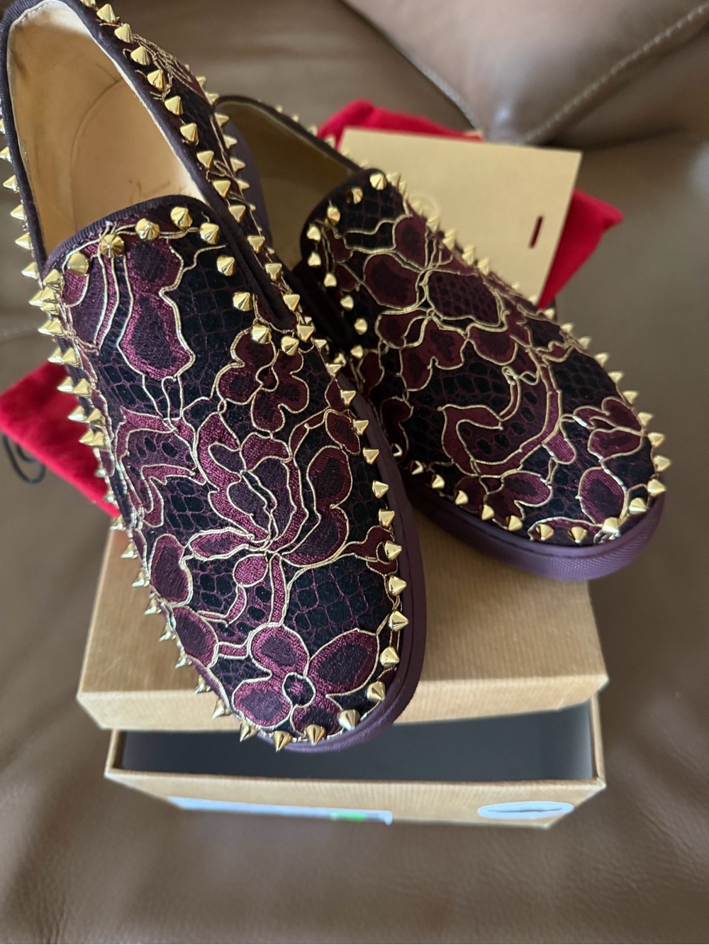 Christian Louboutin Burgundy Floral Studded Velvet Loafers